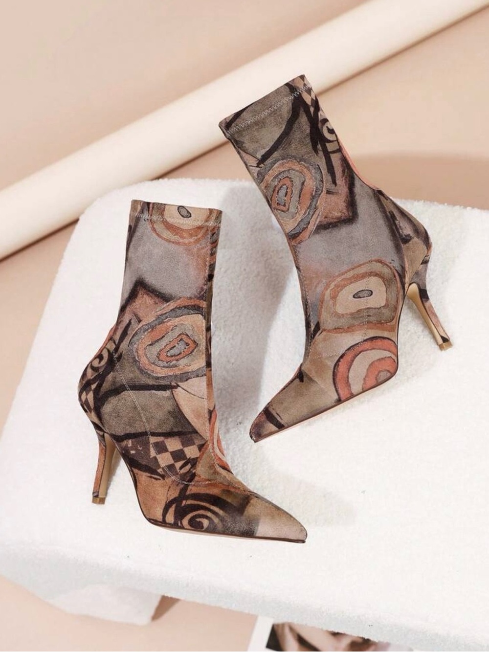 Abstract Pattern Pointed Toe Mid-Calf Stiletto Boots - Neutral Multi